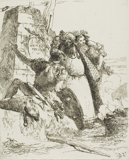 A Magician, A Soldier, and Three Figures Watching a Burning Skull, from Scherzi