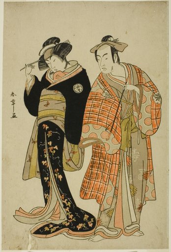 The Actors Matsumoto Koshiro IV and Segawa Kikunojo III as the Lovers Choemon (right) and Ohan (left), in the Elopement Scene "Michiyuki Segawa no Adanami" (An Elopement: Treacherous Waves in the Shallow River), a Dance Interlude from Part Two of the Play Kabuki no Hana Bandai Soga (Flower of Kabuki: The Eternal Soga), Performed at the Ichimura Theater from the Twenty-fifth Day of the Fourth Month, 1781