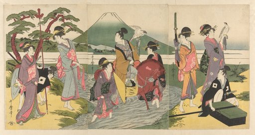 Young man and his party crossing a stream before Mt. Fuji