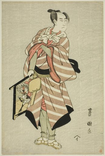 The actor Sawamura Sojuro III as the packhorse-man Muchizo in the play "Miyamairi Musubi no Kamigaki," performed at the Kiri Theater in the eleventh month, 1797