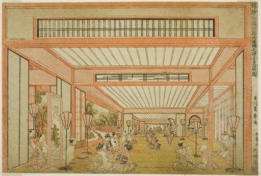 Views of Reception Rooms in Japan - Entertainments on the Day of the Rat in the Modern Style (Uki-e wakoku keiseki ozashiki imayo ne no hi no asobi no zu)