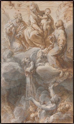 The Virgin and Saint Joseph with Saint Anthony of Padua Seated in the Heavens Interceding for the Souls in Purgatory, While an Angel Pours Fluid from a Vase onto the Crowd Below (recto and verso)