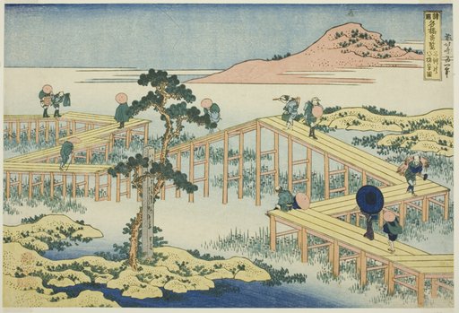 Ancient View of the Eight-planked Bridge in Mikawa Province (Mikawa no Yatsuhashi no kozu), from the series "Unusual Views of Famous Bridges in Various Provinces (Shokoku meikyo kiran)"