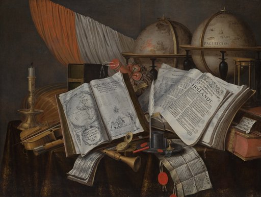 A Vanitas Still Life with a Flag, Candlestick, Musical Instruments, Books, Writing Paraphernalia, Globes and Hourglass