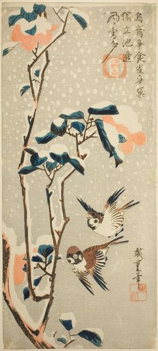 Sparrows and Camellia in Snow