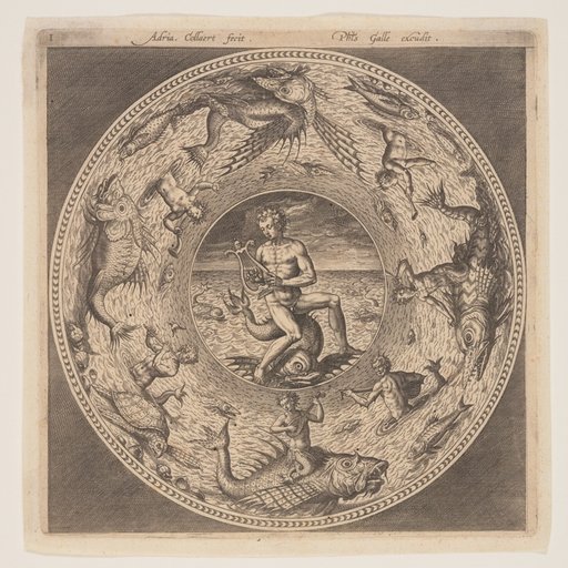 Arion on a Dolphin surrounded by a Border decorated with Sea Creatures, from a Set of Designs for Plates (Fonds de Coupe)