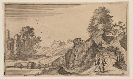 Three Pedestrians on a Wooden Bridge across a Stream, from Twelve Landscapes