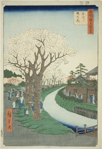 Blossoms on the Tama River Embankment (Tamagawa-zutsumi no hana), from the series "One Hundred Famous Views of Edo (Meisho Edo hyakkei)"