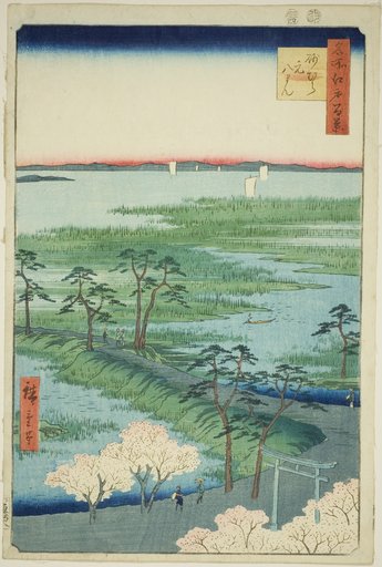 Moto-Hachiman Shrine, Sunamura (Sunamura Moto-Hachiman), from the series "One Hundred Famous Views of Edo (Meisho Edo hyakkei)"