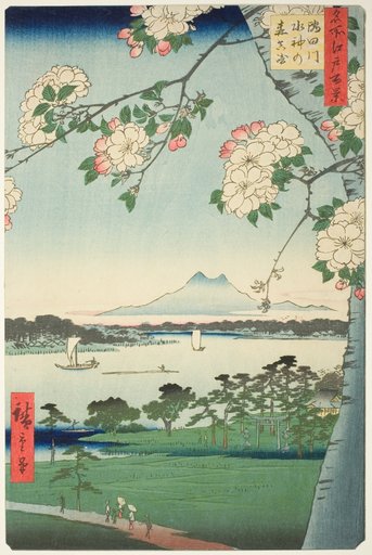 Suijin Shrine and Massaki on the Sumida River (Sumidagawa Suijin no mori Massaki), from the series "One Hundred Famous Views of Edo (Meisho Edo hyakkei)"