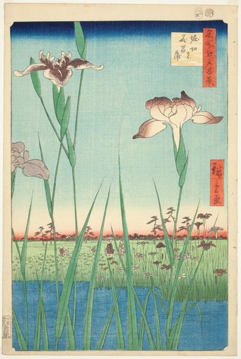 Irises at Horikiri (Horikiri no hanashobu), from the series "One Hundred Famous Views of Edo (Meisho Edo hyakkei)"
