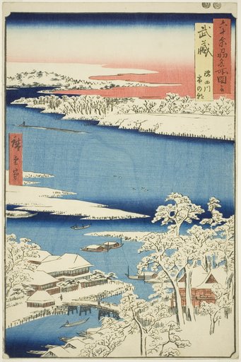 Musashi Province: Morning after Snow on the Sumida River (Musashi, Sumidagawa yuki no ashita), from the series "Famous Places in the Sixty-odd Provinces (Rokujuyoshu meisho zue)"