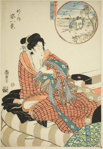 Descending Geese at the Rice Fields (Tanbo no rakugan) and Evening Bell of the Morning After (Kinuginu no bansho), from the series "Eight Views of Figures Inside and Outside (Soto to uchi sugata hakkei)"