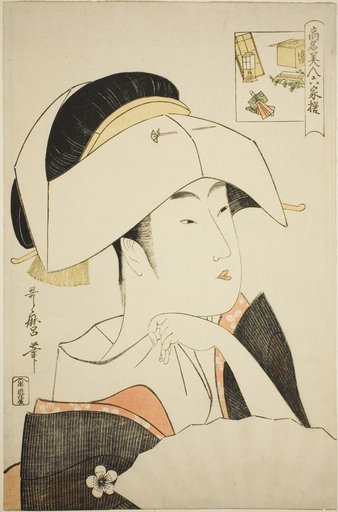 Tomimoto Toyohina, from the series Renowned Beauties Likened to the Six Immortal Poets (Komei bijin rokkasen) (Tomimoto Toyohina) (picture-riddle)
