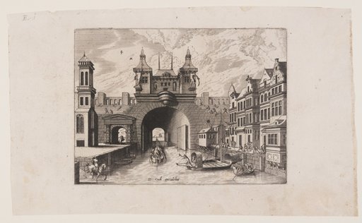 View from a canal of the gate bridge with shutters of a fortified town, street façade on the right