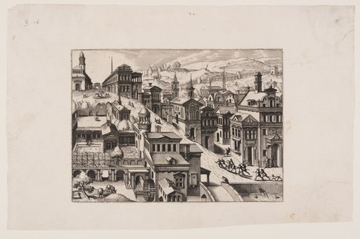 Bird’s-eye view of a town with a street going uphill from bottom right to top left