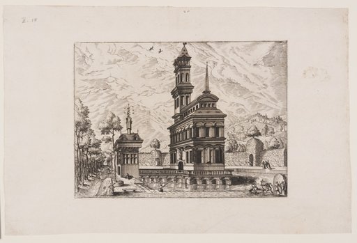 View of a castle with tower and entrance building, placed in a pond and surrounded by a garden