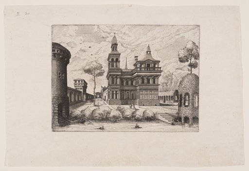 View of a castle, on the left a fortified wall, on the right a trellis-work gangway and pavilion
