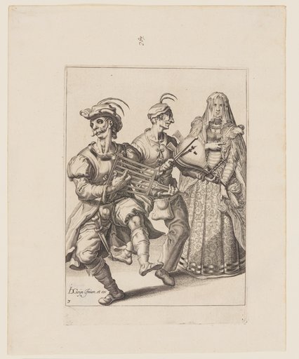 A Veiled Woman with Two Musicians Playing a Gridiron and a Bellows, from The Masquerades