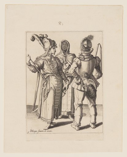 A Grandee in Eastern Dress, a Man with a Cock attached to his Belt and a Veiled Woman Playing the Rumbling-Pot, from The Masquerades