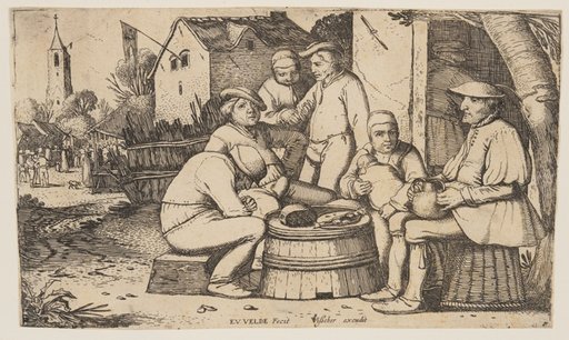 Six Peasants using a Barrell Butt as a Table