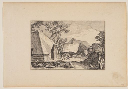 Barns, Woman and Dog in Right Foreground, from Landscapes (Verscheyden aerdige Lanthuysen...)