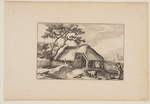 Barn, Herd Resting on his Stick in Right Foreground, from Landscapes (Verscheyden aerdige Lanthuysen...)