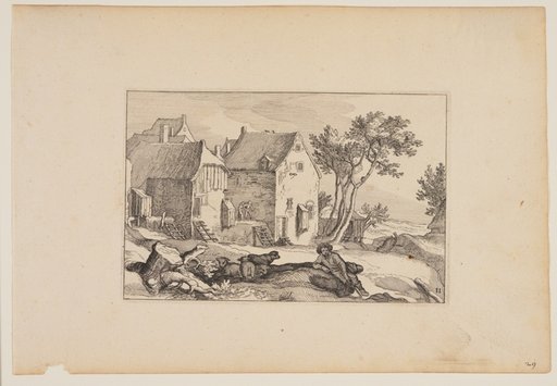 A Farmyard, Resting Shepherd in Centre Foreground, from Landscapes (Verscheyden aerdige Lanthuysen...)