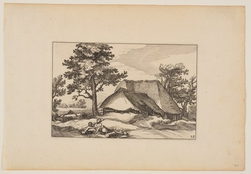 Barns, Resting Herd and Dog in Centre Foreground, from Landscapes (Verscheyden aerdige Lanthuysen...)