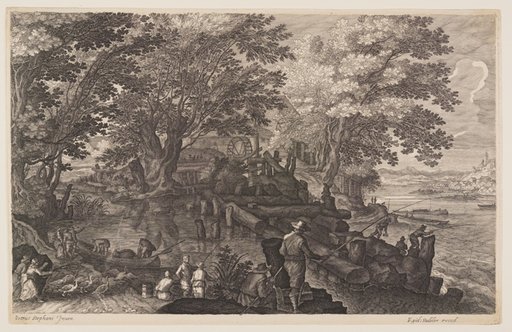 Scene One: Watermill on an Island in a River with Men Fishing, from Eight Scenes from Bohemia