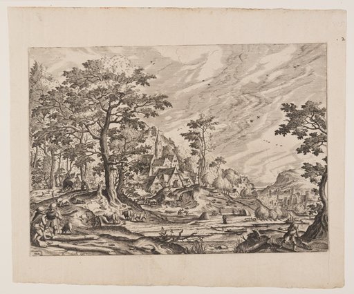 View of a Village, a Man Carrying a Wheelbarrow, plate 8 from Landscapes with Views of Villages