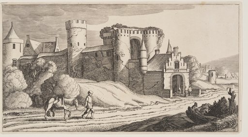 A Peasant with a Horse on a Road Near City Walls, from Landscapes (Playsante Lantschappen)