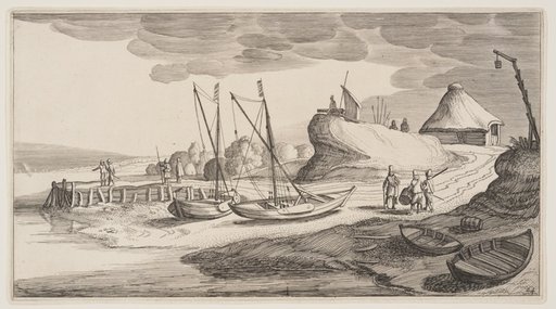 Boats Ashore Near a Watch-Tower, from Landscapes (Playsante Lantschappen)
