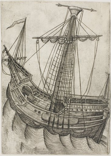 Ship with Sails Furled and Arrow Pointing to the Right