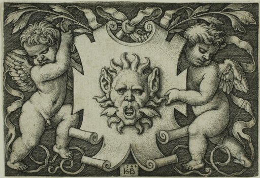 Ornament with a Mask Held by Two Genii