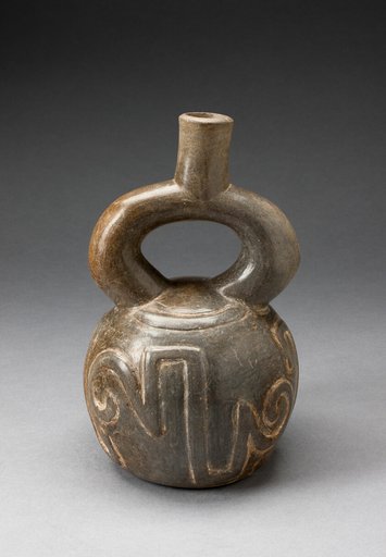 Stirrup Spout Vessel with Raised Geometric Scroll Motif