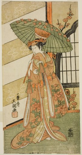 The Actor Onoe Tamizo I as Nishikigi in the Play Mutsu no Hana Ume no Kaomise, Performed at the Ichimura Theater in the Eleventh Month, 1769
