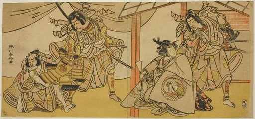 Right-Hand Page: The Actors Bando Hikosaburo III as Soga no Goro (right), and Segawa Kikunojo IV as Onna Asahina (left), in the Play Ume-goyomi Akebono Soga; Left-hand Sheet: The Actors Onoe Matsusuke I as Furugori Shinzaemon (left), and Ichikawa Danjuro V and Kagekiyo (right) in the Play Hatsumombi Kuruwa Soga, Performed at the Nakamura Theater in the First Month, 1780