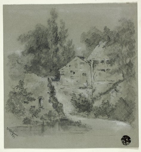 Houses and Ruined Wall Overlooking River