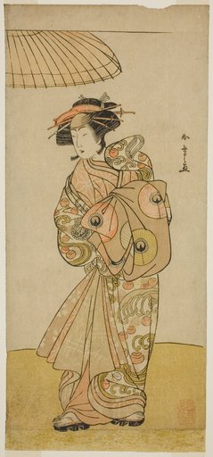 The Actor Ikushima Daikichi III as the Courtesan Naniwazu in the Play Saki Masuya Ume no Kachidoki, Performed at the Ichimura Theater in the Eleventh Month, 1777