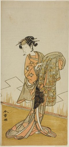 The Actor Nakamura Riko I as the Courtesan Wakamatsu (?) in the Play Gohiiki Kanjincho (?), Performed at the Nakamura Theater (?) in the Eleventh Month, 1773 (?)