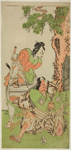 The Actors Ichikawa Danzo III as I no Hayata Tadazumi (right), and Matsumoto Koshiro II as Osada no Taro Kagemune Disguised as Yatsurugi Zaemon (left), in the Play Nue no Mori Ichiyo no Mato, Performed at the Nakamura Theater in the Eleventh Month, 1770