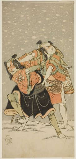 The Actors Otani Hiroji III as Kameo (right), and Sakata Sajuro I as Ario (left), in the Play Hime Komatsu Ne no Hi Asobi, Performed at the Ichimura Theater in the Ninth Month, 1768