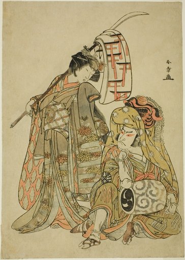 The Actors Nakamura Nakazo I as Onmaya Kisanda Dressed as Kakubei the Lion Dancer (Kakubei-jishi) (right) and Segawa Kikunojo III as Shizuka Gozen (left), in the Dance Sequence "Myoto-zake Kawaranu Nakanaka" (Everlasting Harmony of the Marital Cup), from the Second Part of the Play Chigo Torii Tobiiri Kitsune (Heavenly Child—The Fox Leaps Through the Shrine Gate), Performed at the Ichimura Theater in the Eleventh Month, 1777