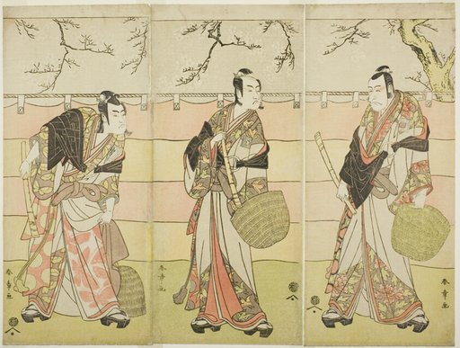 Three Komuso Monks: The Actors Ichikawa Ebizo (Danjuro V) as Kudo Suketsune (right), Ichikawa Monnosuke II as Soga no Juro Sukenari (center), and Ichikawa Omezo I as Soga no Goro Tokimune (left), in Act Six of the Play Waka Murasaki Edokko Soga (Pale Purple Soga, Edo Style), Performed at the Ichimura Theater from the Twenty-third Day of the First Month, 1792