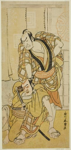 The Actors Nakamura Nakazo I as Tenjiku Tokubei (?) (right) and Bando Kumajuro as the Shopman Dempachi (?) (left), in the Play Keisei Katabira ga Tsuji (?), Performed at the Ichimura Theater (?) in the Eighth Month, 1783 (?)