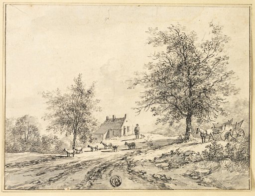 Goatherd, Goats on Road near Carriage and House