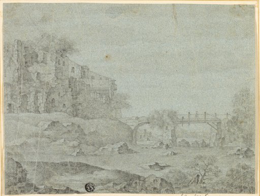 Ruins Overlooking River with Bridge