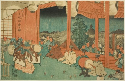 The Sacred Dance at the Shinmei Shrine in Shiba at Dawn (Shiba Shinmei, Omiya gengyo kagura no zu), from the series "Famous Places in the Eastern Capital (Toto meisho)"