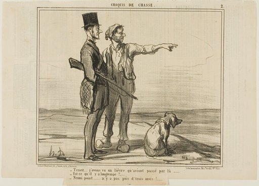 “- Listen... I saw a hare over there... - Was that a long time ago? - Not at all... it was less than three months ago...,” plate 2 from Croquis De Chasse